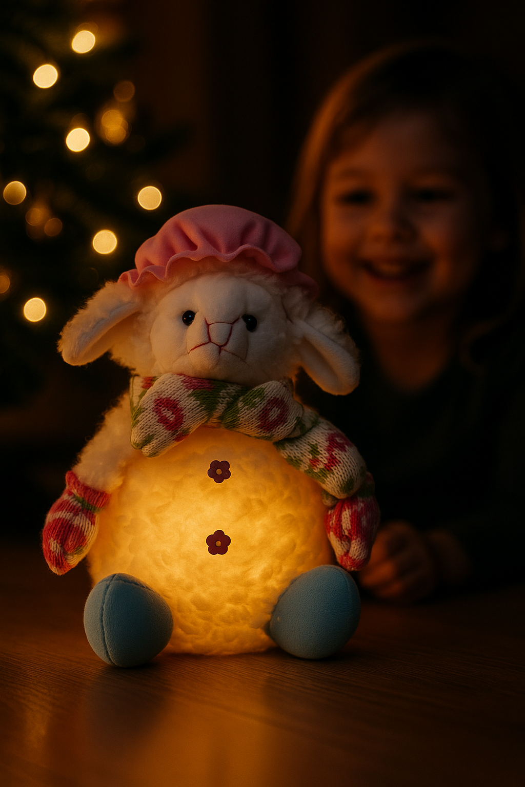 Glowing Sheep Plush Ornament with LED Light – pink hat, scarf, and mittens
