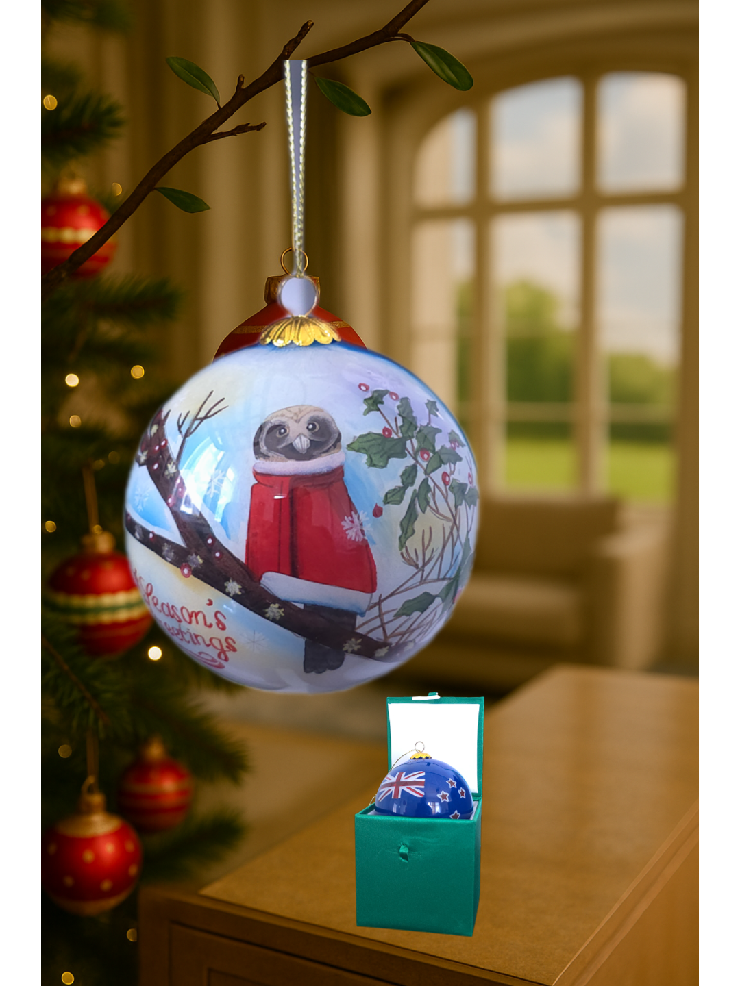 Inside Painted Glass Bauble – NZ Owl in Santa Cloak (Season’s Greetings)