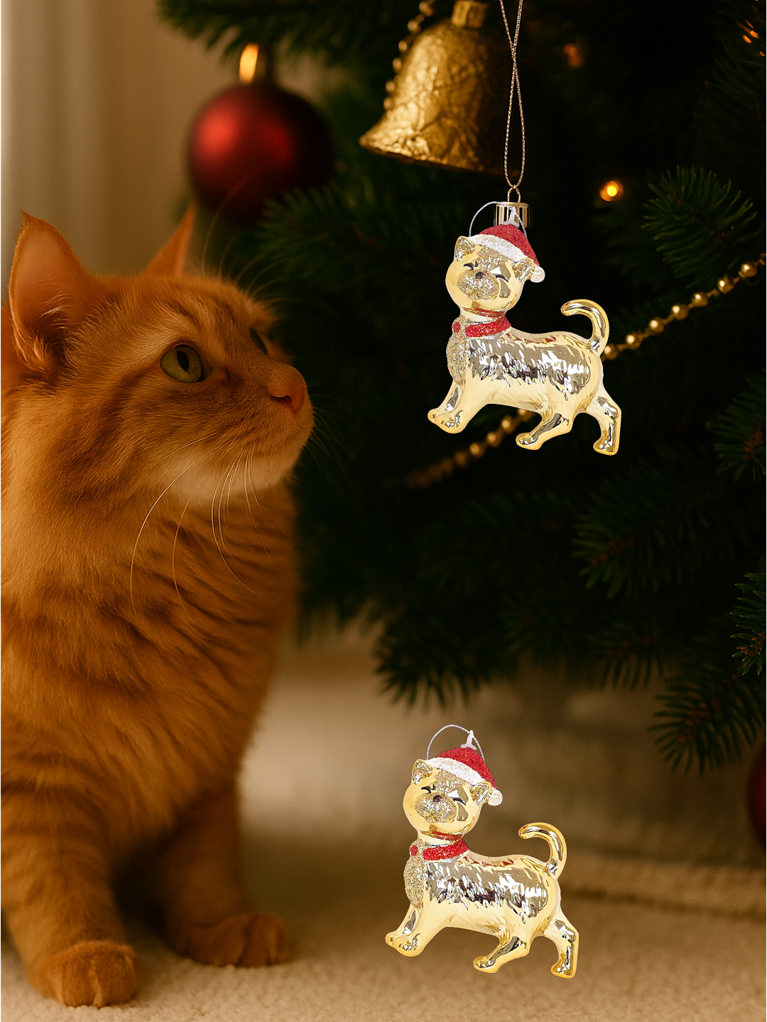 Glittery Gold Cat with Santa Hat