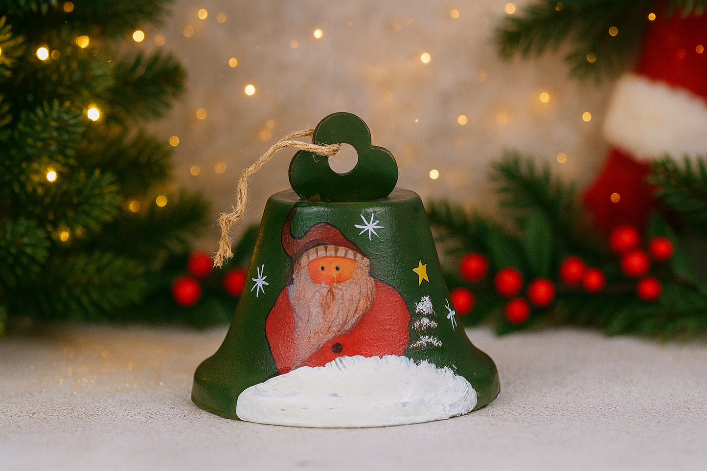 Green metal Christmas bell ornament with Santa print, 08 cm
