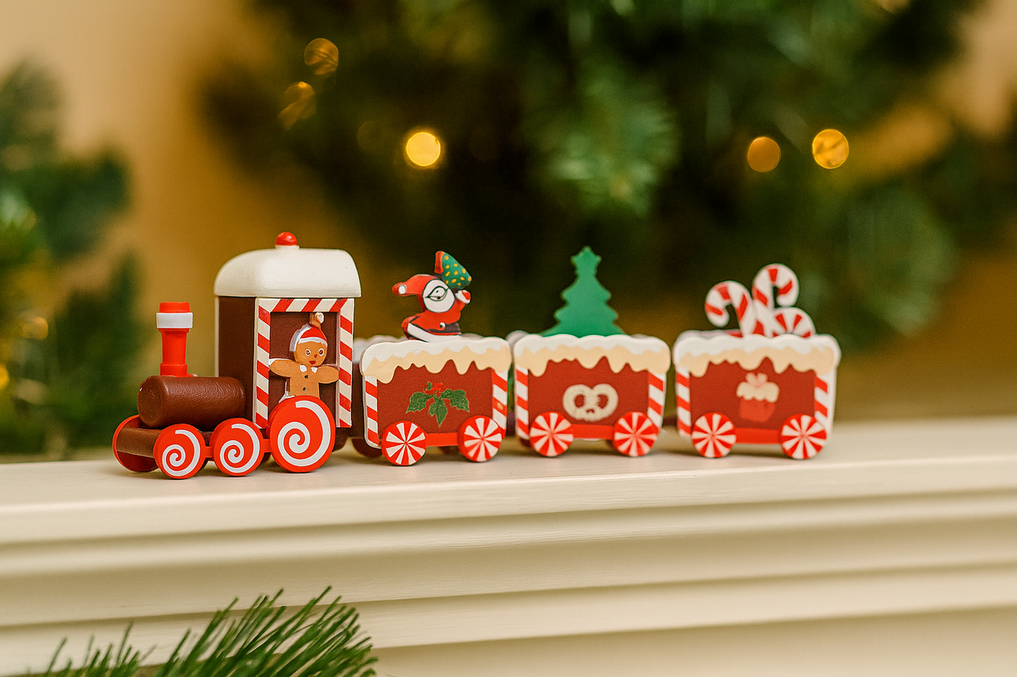 Red candy-style wooden Christmas train with four cars, 22.3×7.2×2.8 cm
