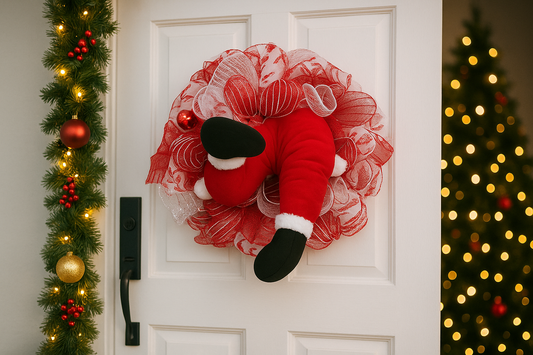 Decorative wreath with a red and white design on a door, surrounded by Christmas decorations.