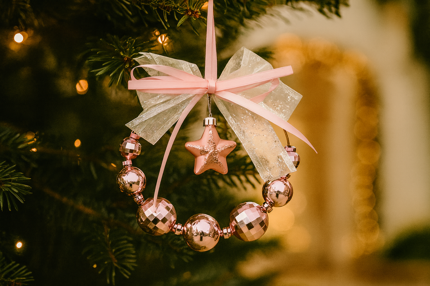 Pink Star Wreath Ornament with baubles and bow