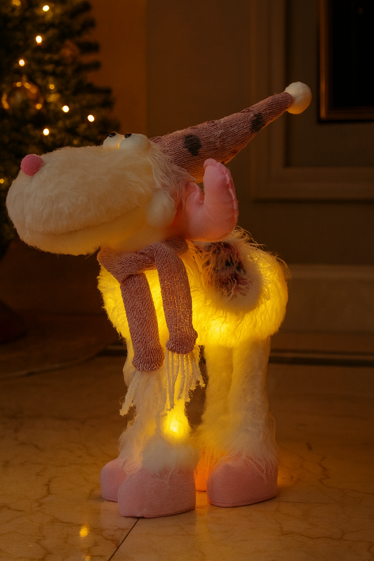Glowing plush reindeer with pink hat and scarf, LED Christmas decoration