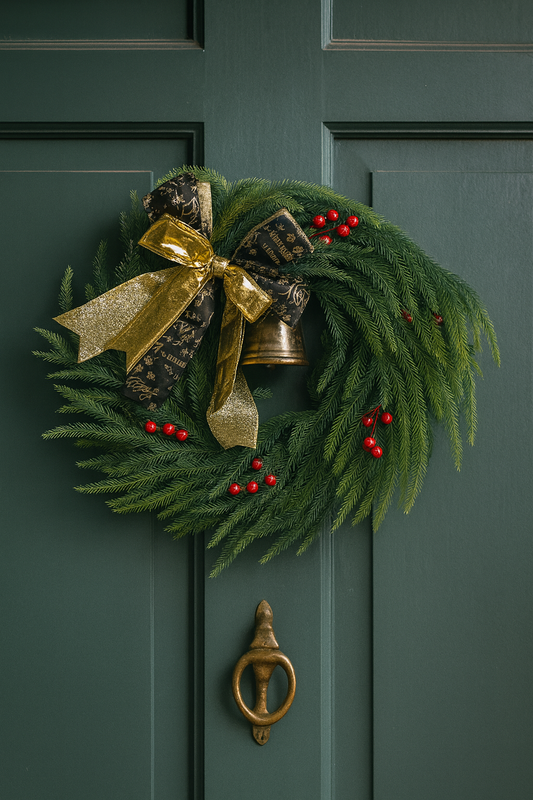 Green Pine & Golden Bow Wreath