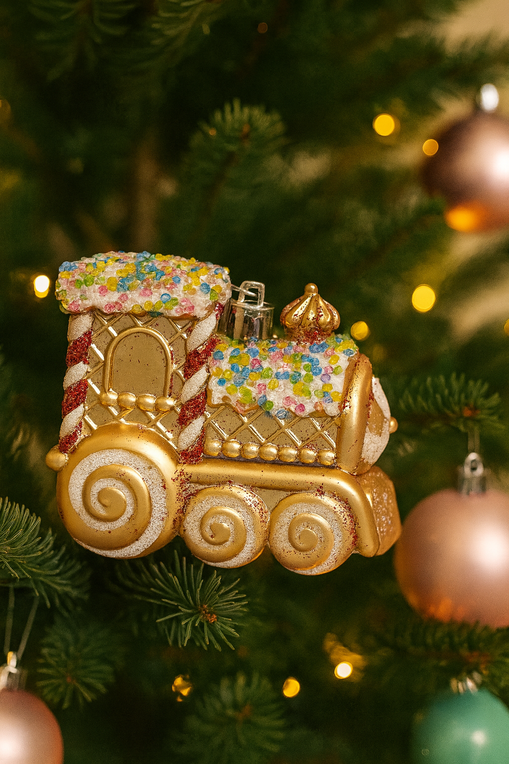 Gold candy train Christmas ornament with beaded roof, 8.5cm.