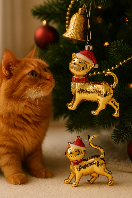 Glittery Gold Cat with Santa Hat