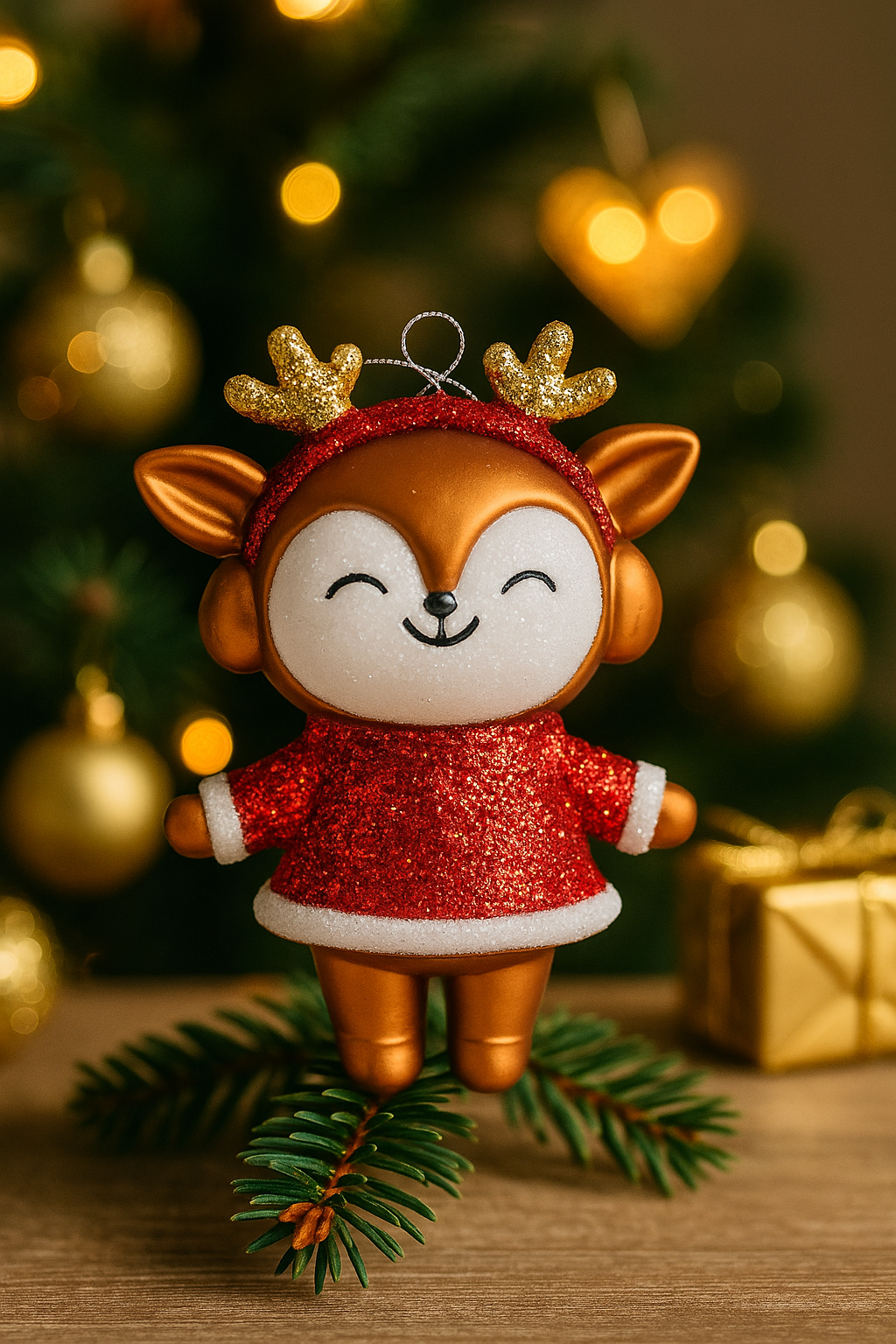 Red glitter reindeer Christmas ornament with antlers & dress, 11.5cm