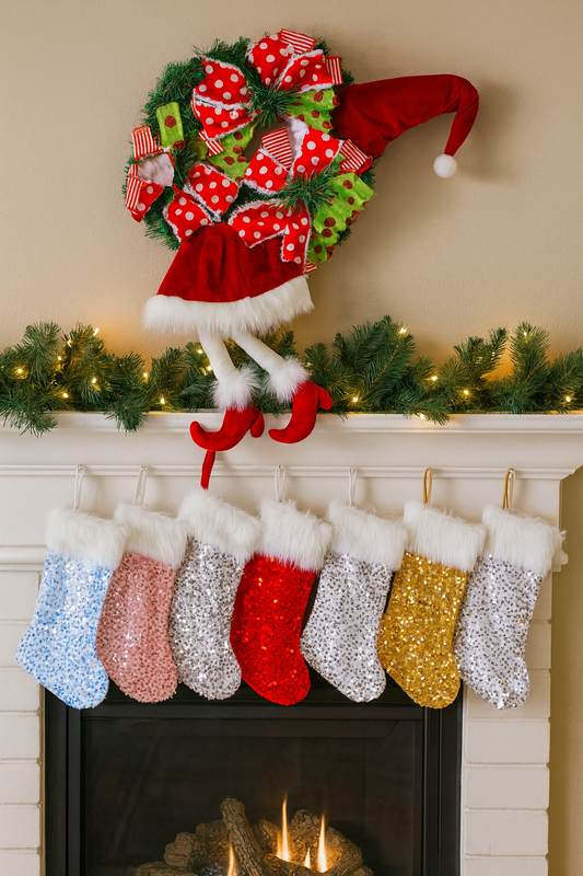 Red Elf Doll Christmas Wreath with Polka Dot Bows