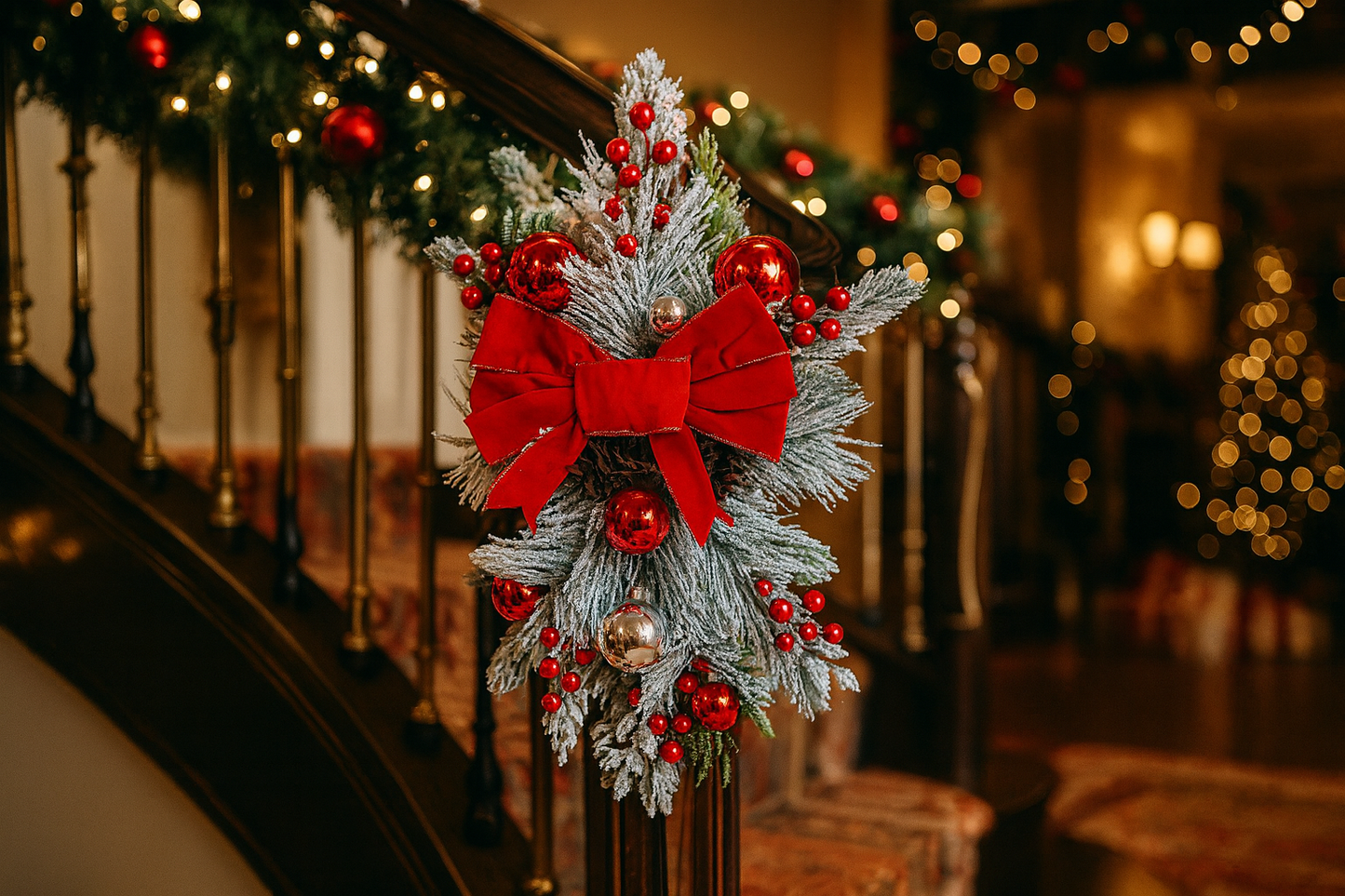 Red & Silver Christmas Staircase Wreath with Bow and fairy lights