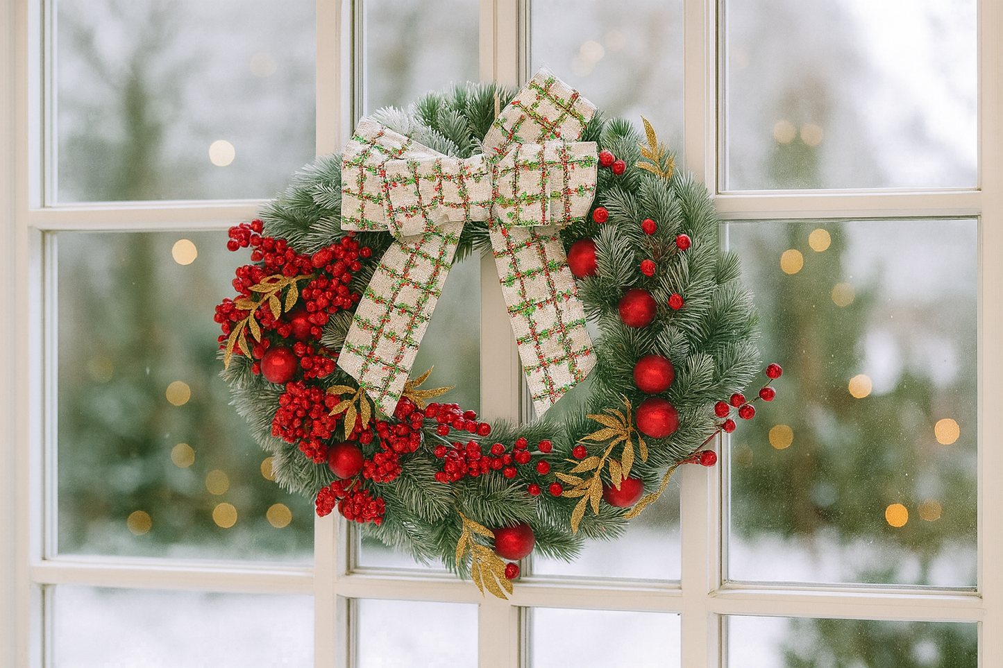 Red berry and gold leaf wreath with plaid bow