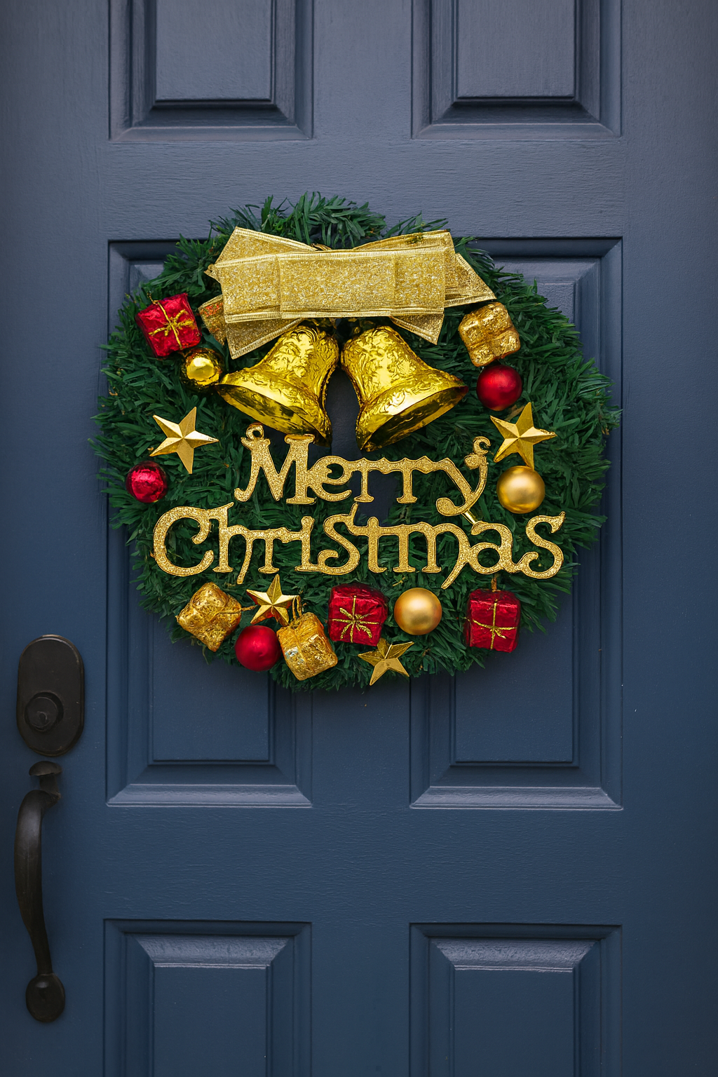 Gold bell and gift box Christmas wreath