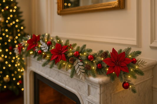 Radiant Red Poinsettia Garland (LED)