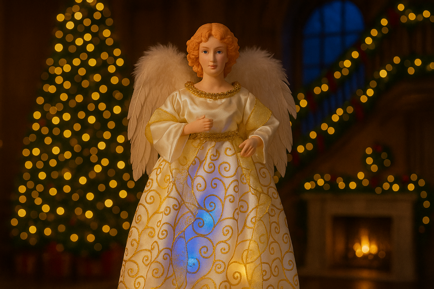 Christmas Tree Top Angel decoration with LED lights – feather wings and gold swirl gown
