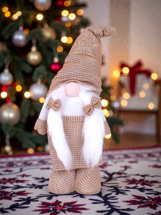 Golden Glitter Christmas Gnome Doll with striped outfit and white beard