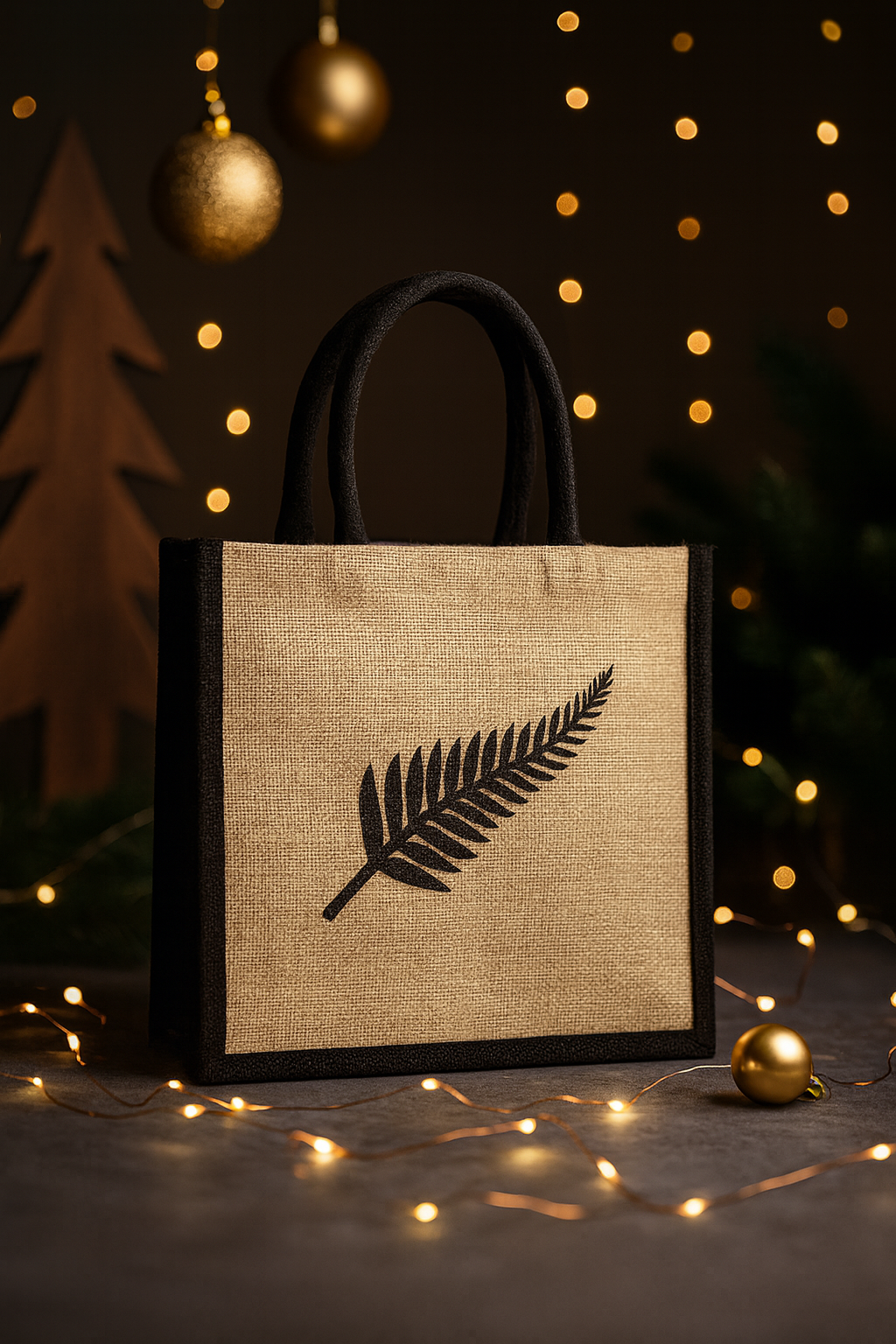 Festive Jute Tote with Black Fern Charm