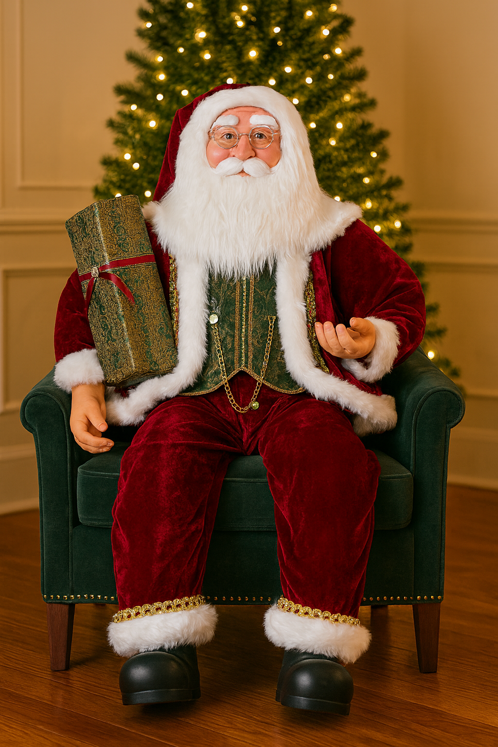 Large Sitting Santa in Velvet Outfit Holding Gift