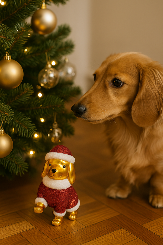 Gold dachshund dog Christmas ornament in Santa outfit, 11.5cm