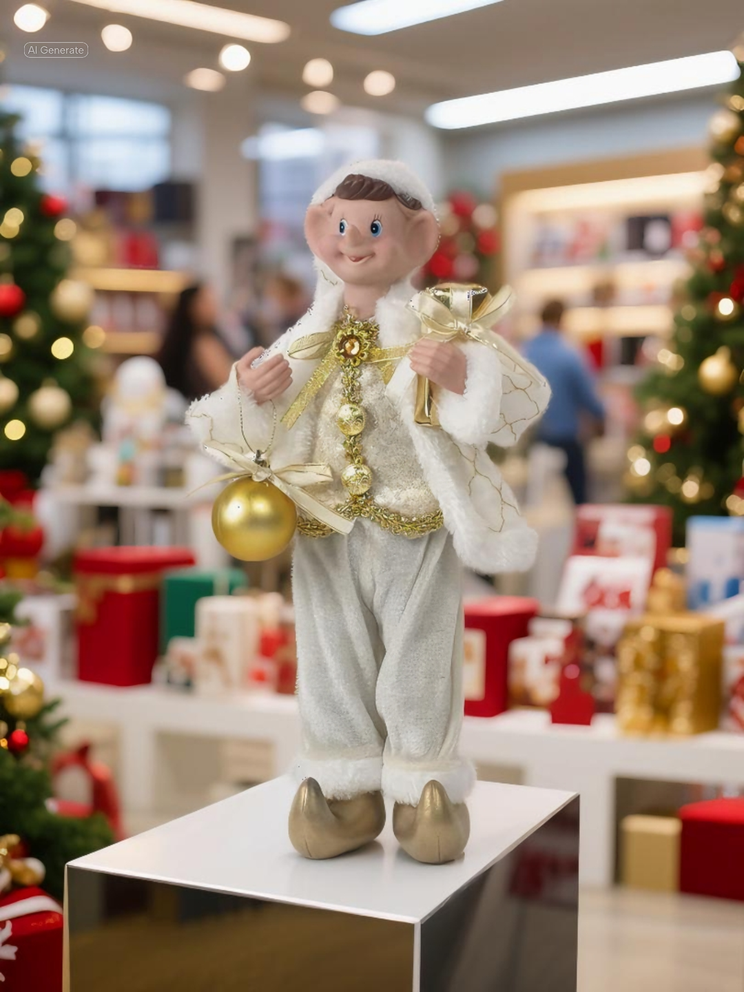 Golden Elf Christmas Decoration in gold and white, 25cm tall, holding bauble and gift box