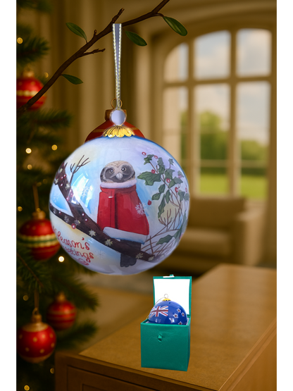 Inside Painted Glass Bauble – NZ Owl in Santa Cloak (Season’s Greetings)