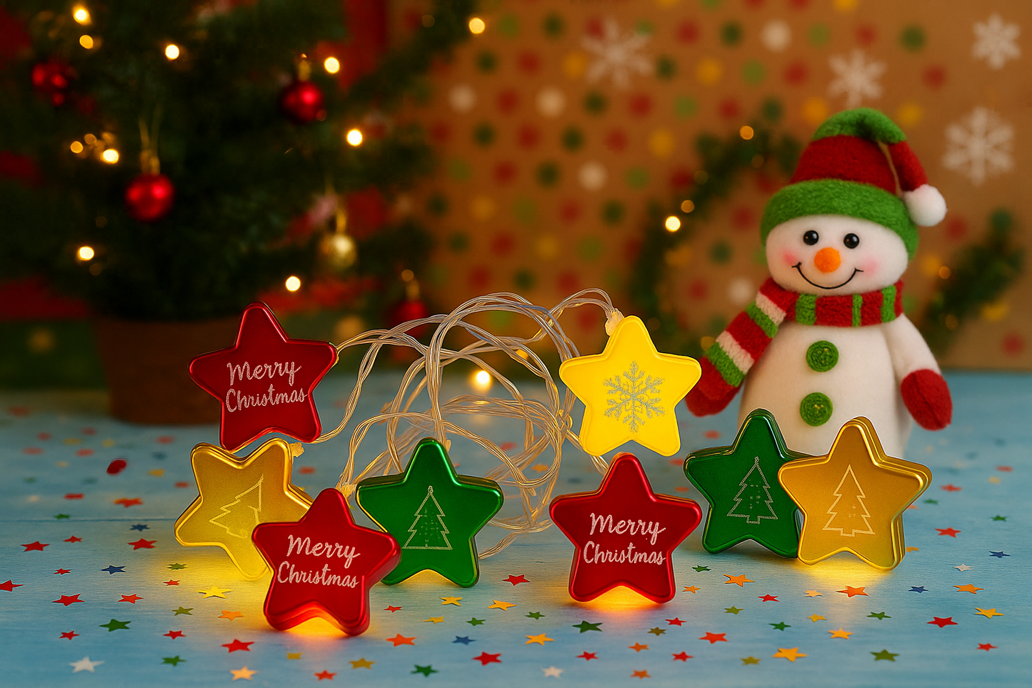 1.5 m LED string lights with star shapes in Christmas colors