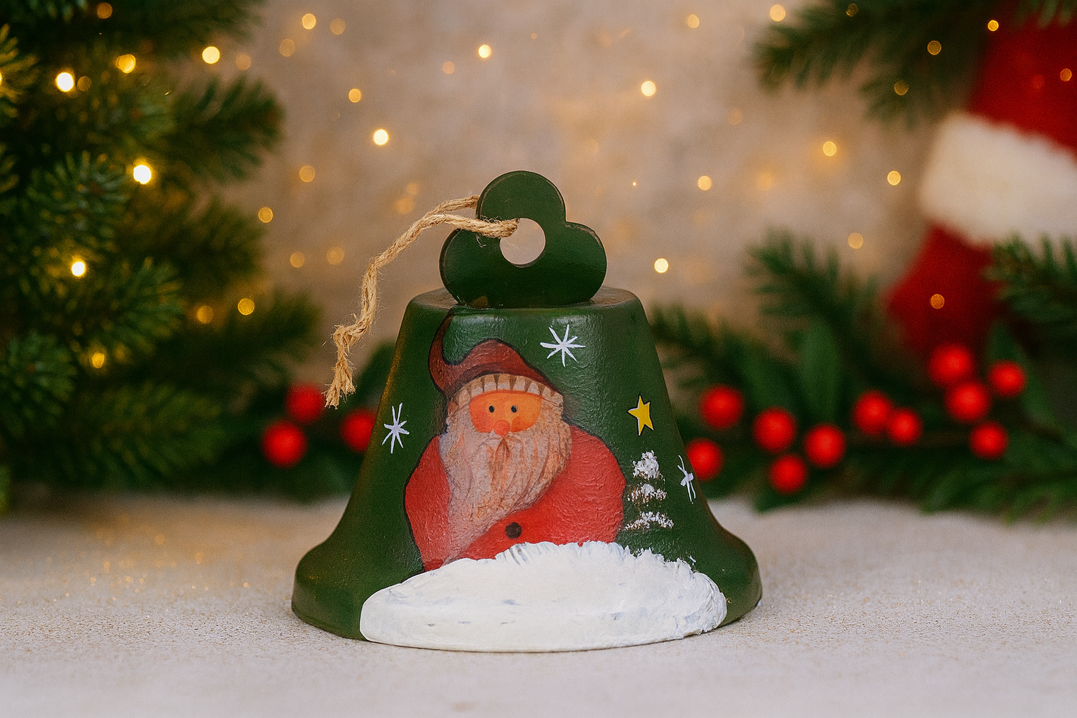 Green metal Christmas bell ornament with Santa print, 08 cm