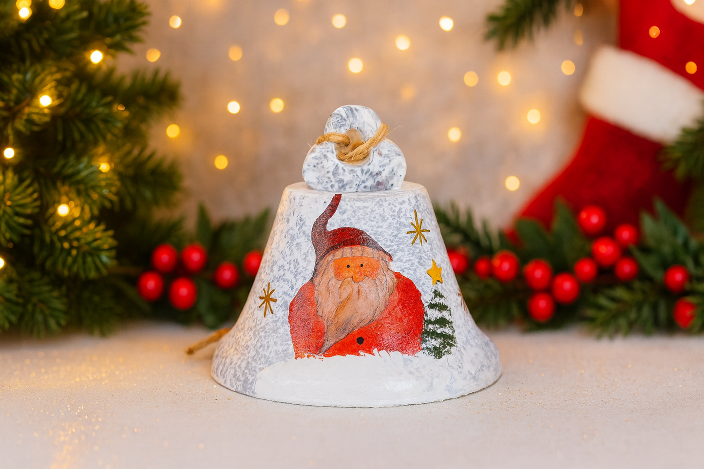 White metal Christmas bell ornament with Santa print, 08 cm