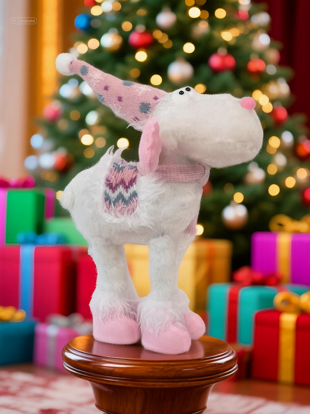 Glowing plush reindeer with pink hat and scarf, LED Christmas decoration