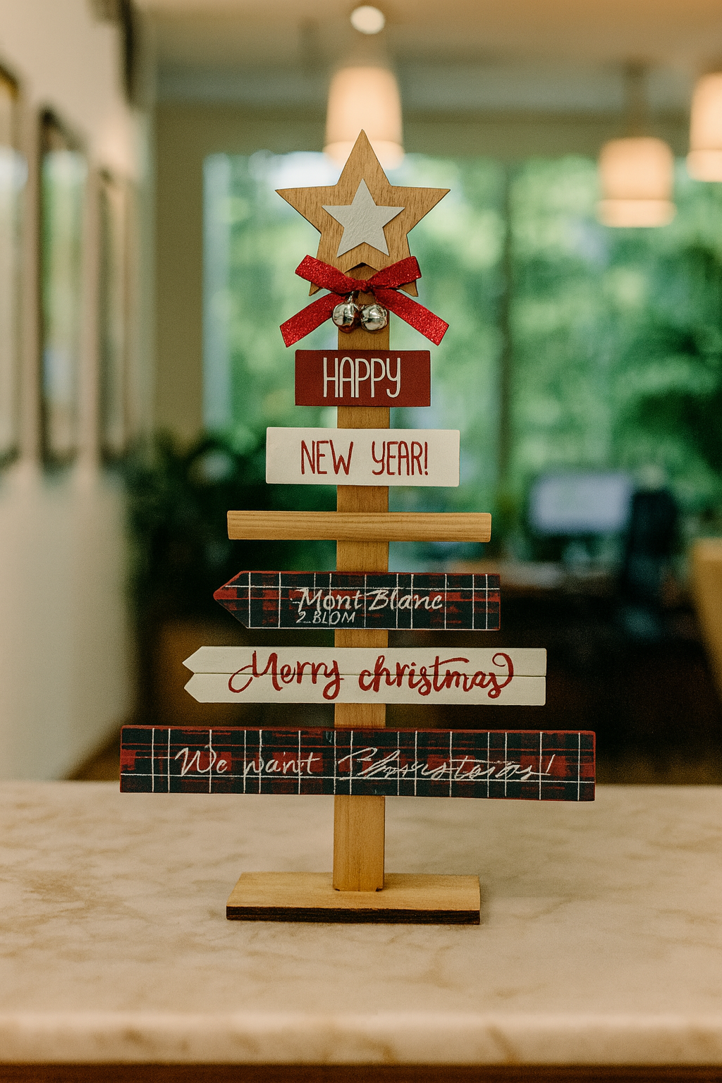 Wooden Christmas tree sign with star and holiday messages