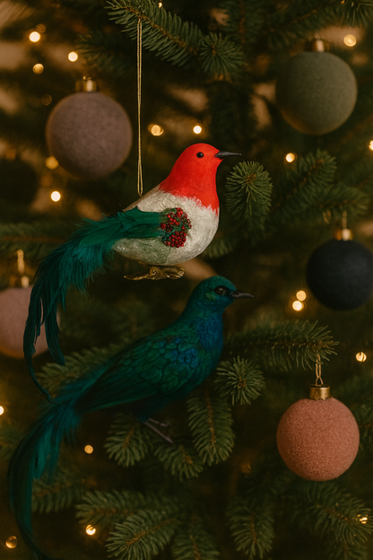 Red and green feathered bird clip ornament