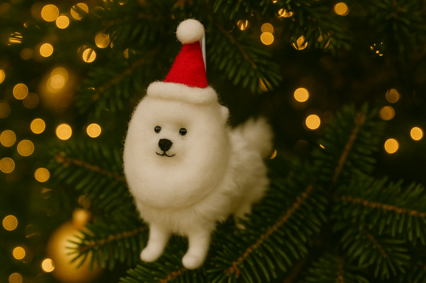 Handmade wool felt white dog ornament with red Santa hat – Christmas decoration