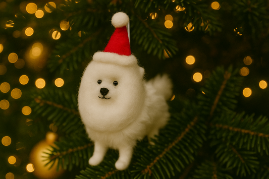 Handmade wool felt white dog ornament with red Santa hat – Christmas decoration