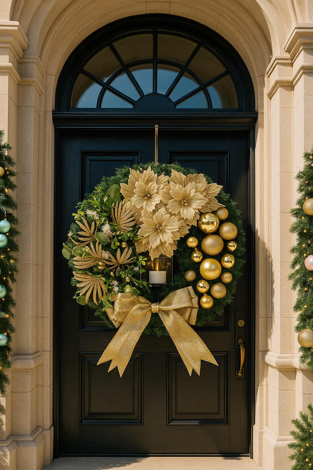 Gold Poinsettia Wreath with Glitter Baubles