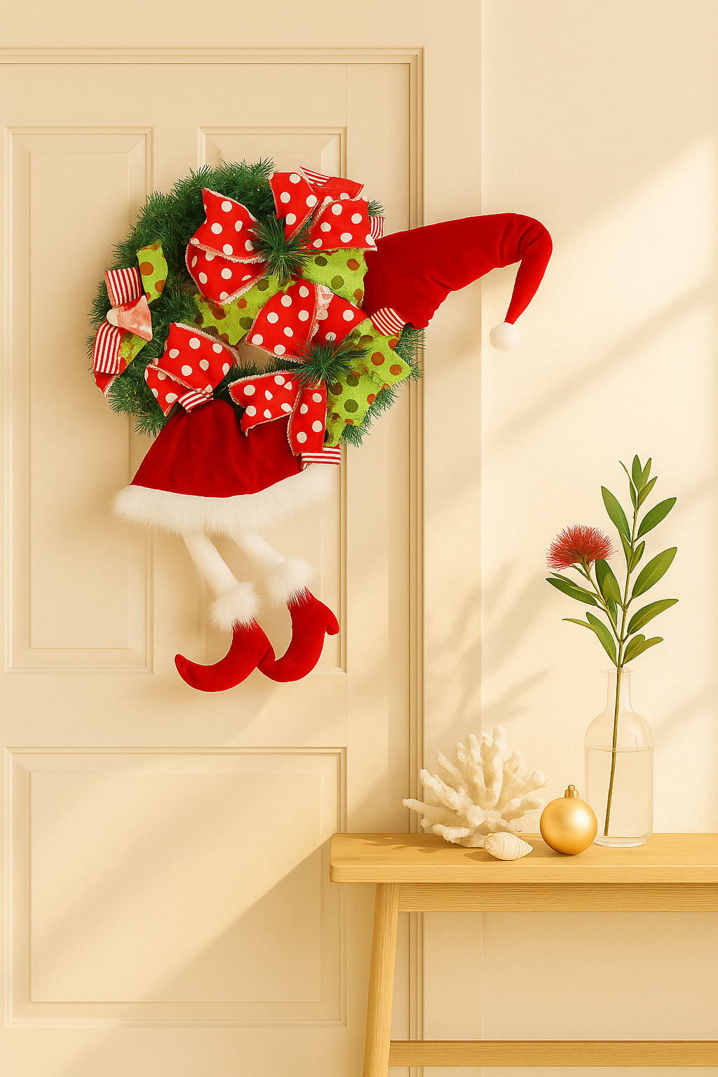 Red Elf Doll Christmas Wreath with Polka Dot Bows