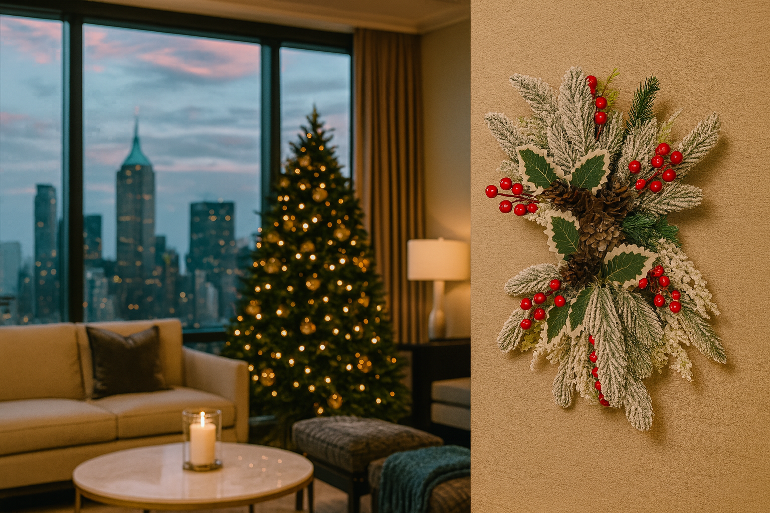 Elegant Snow-Frosted Pine Wreath with Berries and Cones featuring fairy lights