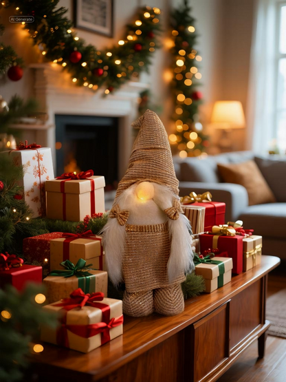 Golden Glitter Christmas Gnome Doll with striped outfit and white beard