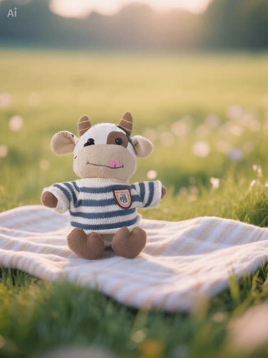 Stuffed cow toy in a striped sweater on a blanket in a grassy field