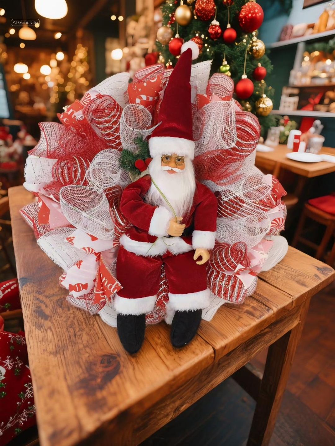 Santa Mesh Christmas Wreath with Red and White Ribbon