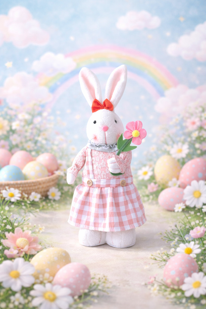 Toy rabbit in a dress holding flowers with Easter eggs and a rainbow in the background