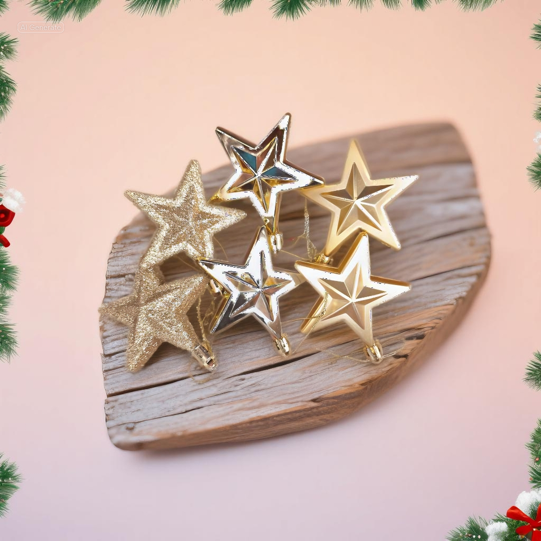 Gold Christmas star pendant ornaments – 7 cm set of 6