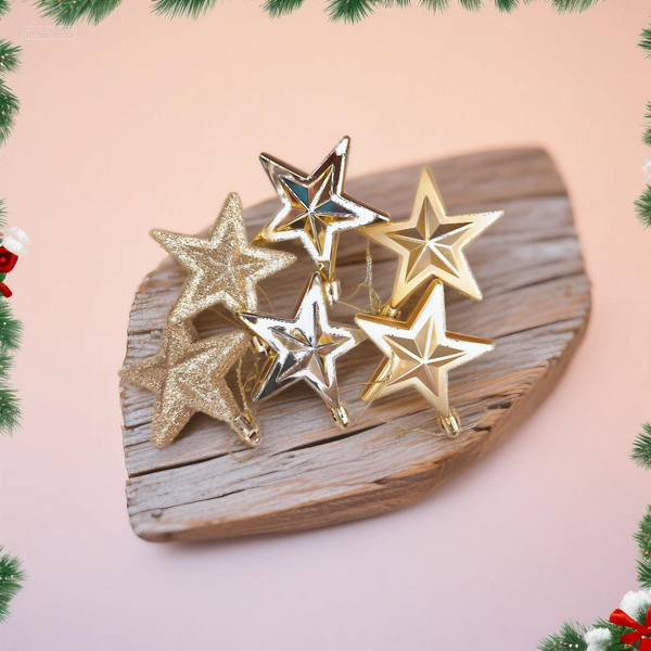 Gold Christmas star pendant ornaments – 7 cm set of 6