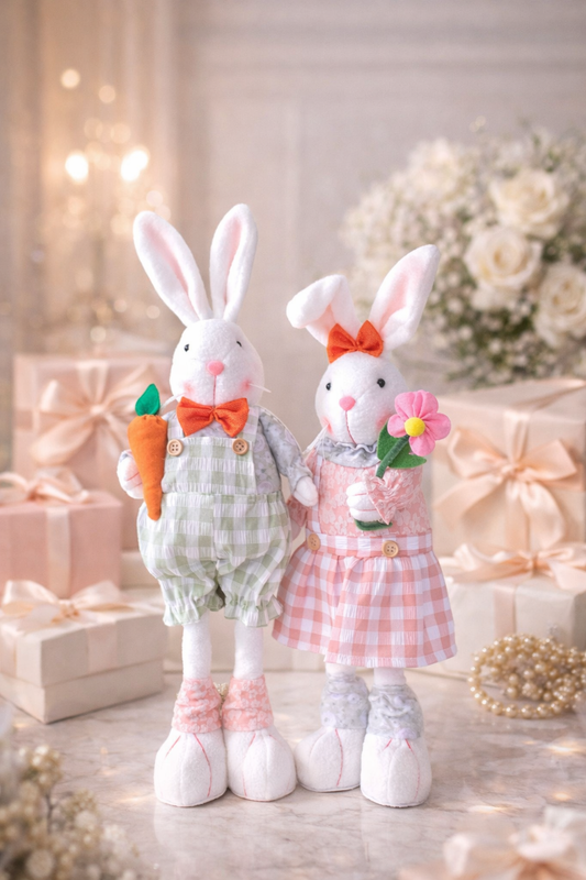 Two plush bunny toys, one in a suit with a carrot and the other in a dress with flowers, on a decorative background.