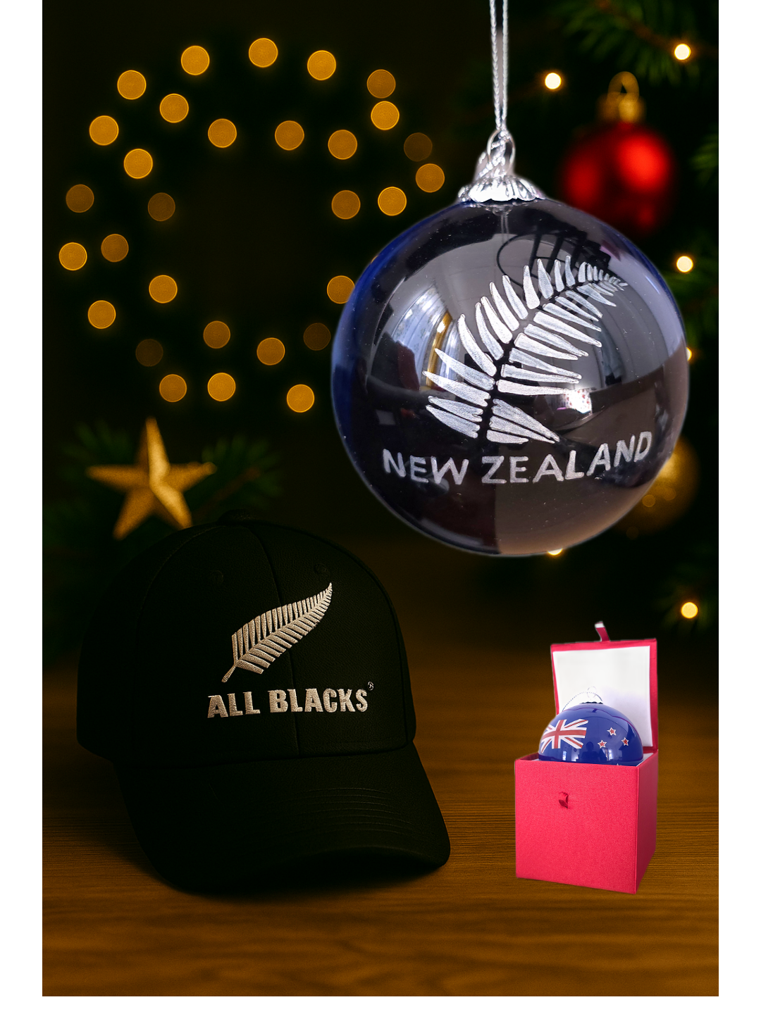Hand-painted All Blacks Silver Fern and NZ Flag bauble