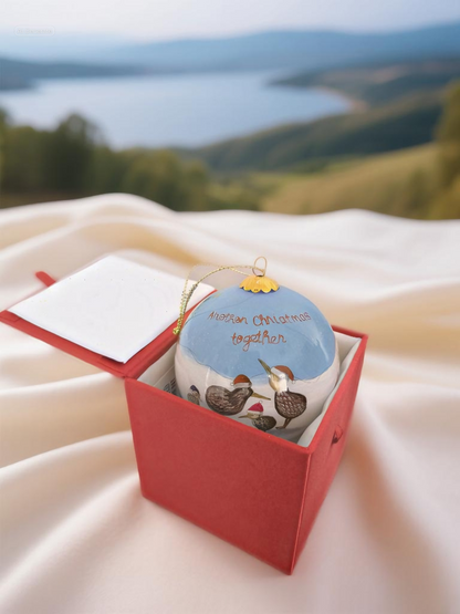 Hand-painted Kiwi family Christmas bauble with message “Another Christmas Together.