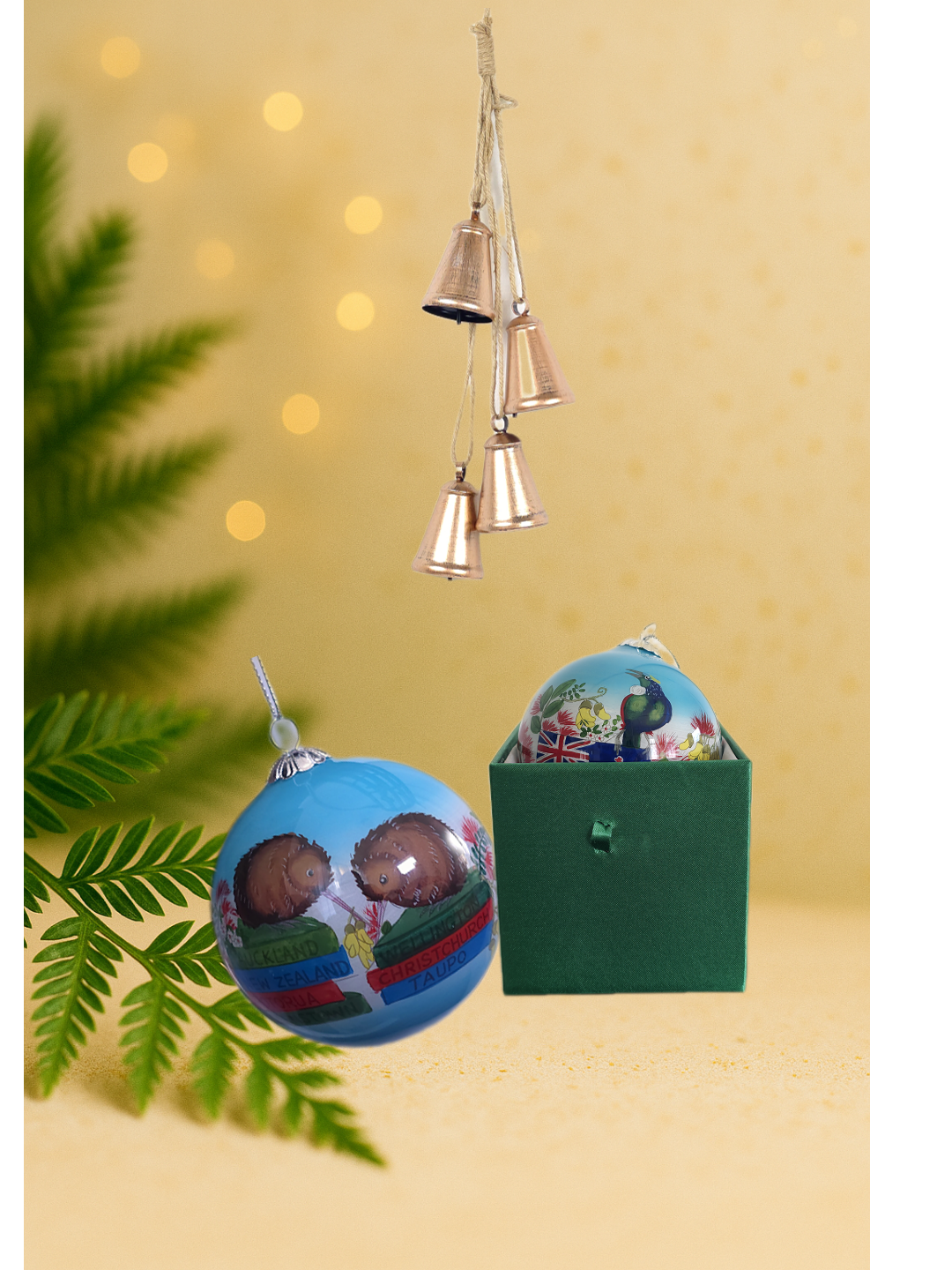 Inside hand-painted glass bauble with NZ kiwi design and free satin gift box