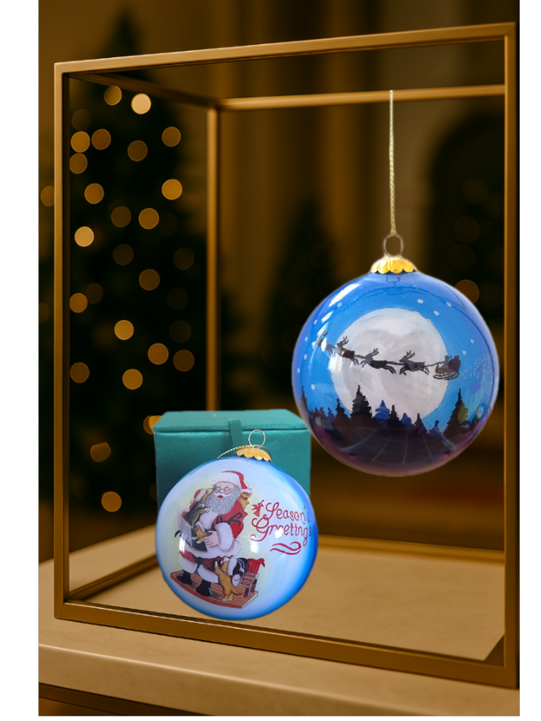 Santa with Puppies hand-painted bauble, Seasons Greetings Christmas ornament, premium artisan collectible