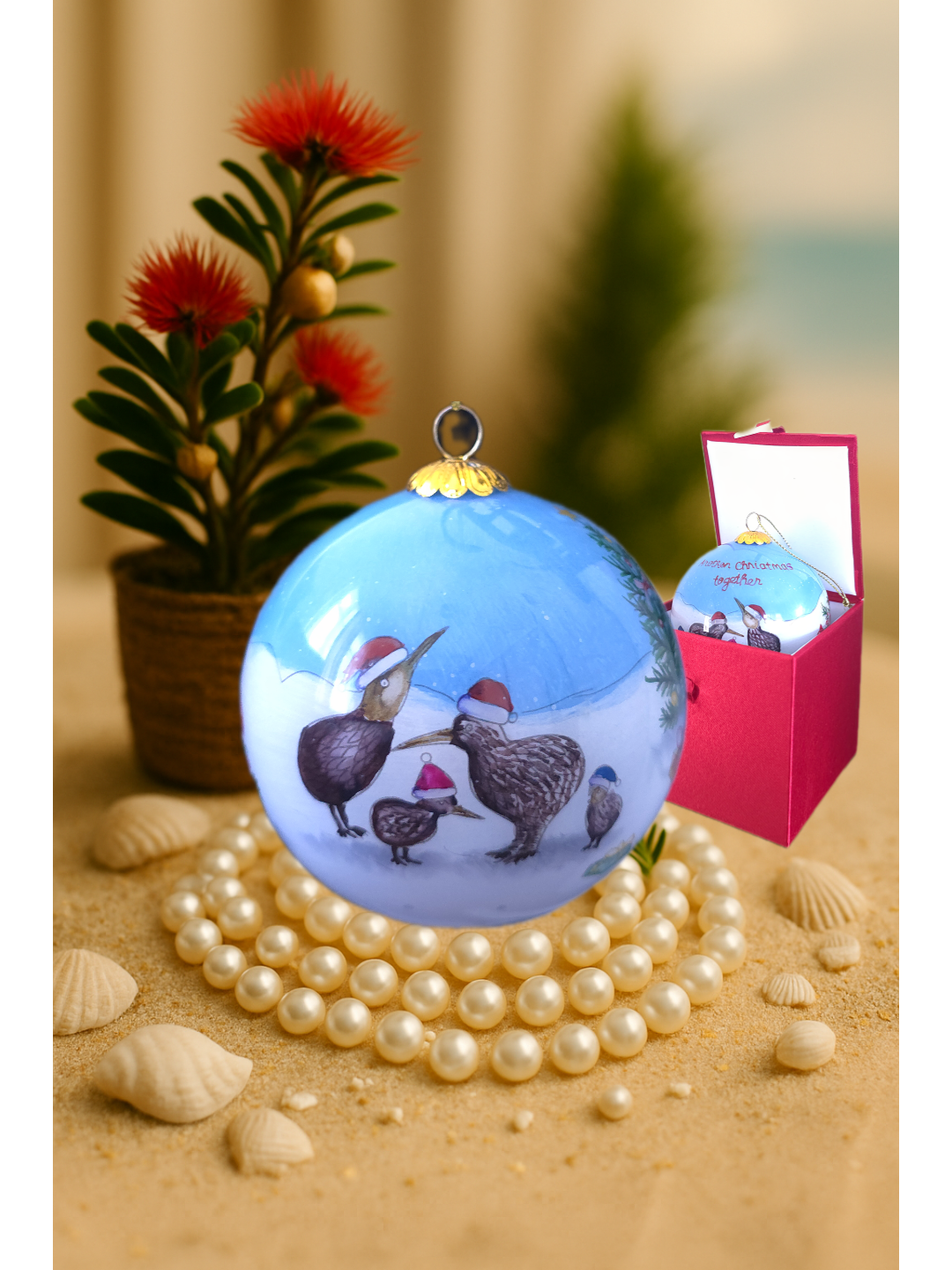 Hand-painted Kiwi family Christmas bauble with message “Another Christmas Together.