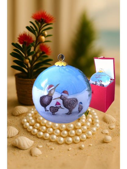 Hand-painted Kiwi family Christmas bauble with message “Another Christmas Together.