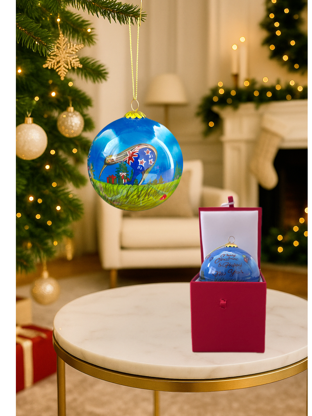 Inside-painted Kiwi Christmas bauble with NZ flag and “Merry Christmas & Happy New Year” message
