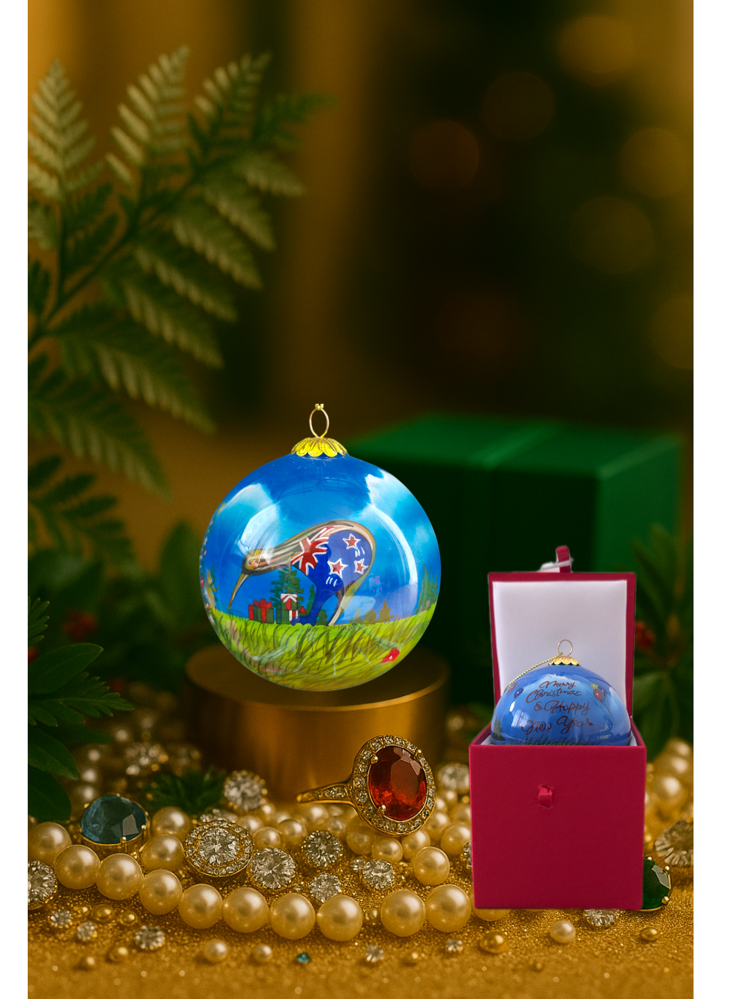 Inside-painted Kiwi Christmas bauble with NZ flag and “Merry Christmas & Happy New Year” message